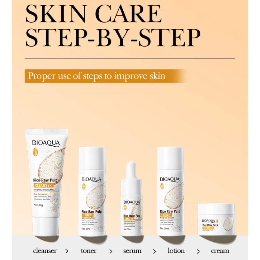 5pcs BIOAOUA Rice Raw Whitening Set Brighten Hydrating Moisturize Soothing Facial Cleanser+toner+essence+lotion+cream Skincare