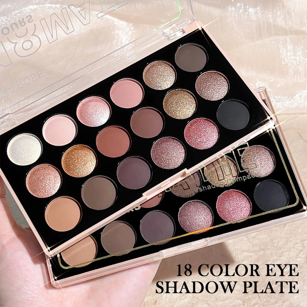 18-Color Eyeshadow Palette – Pearlescent, Matte, Fine Shimmer, Glitter, Earth Tones, Long-Lasting, High-Performance