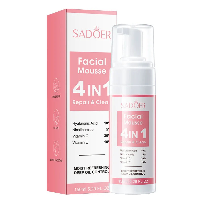 SADOER 4 in 1 Facial Mousse Face Wash Foam Facial Cleanser Moisturizing Brightening Hydrating Face Cleansing Skin Care Products