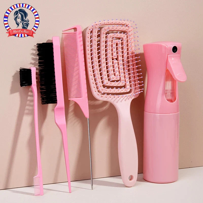 5pcs comb set Relaxing Elastic Massage Comb Hollow Out Hair Brush Scalp Massage Combs Hair Styling Spray bottle Hair Salon Tools