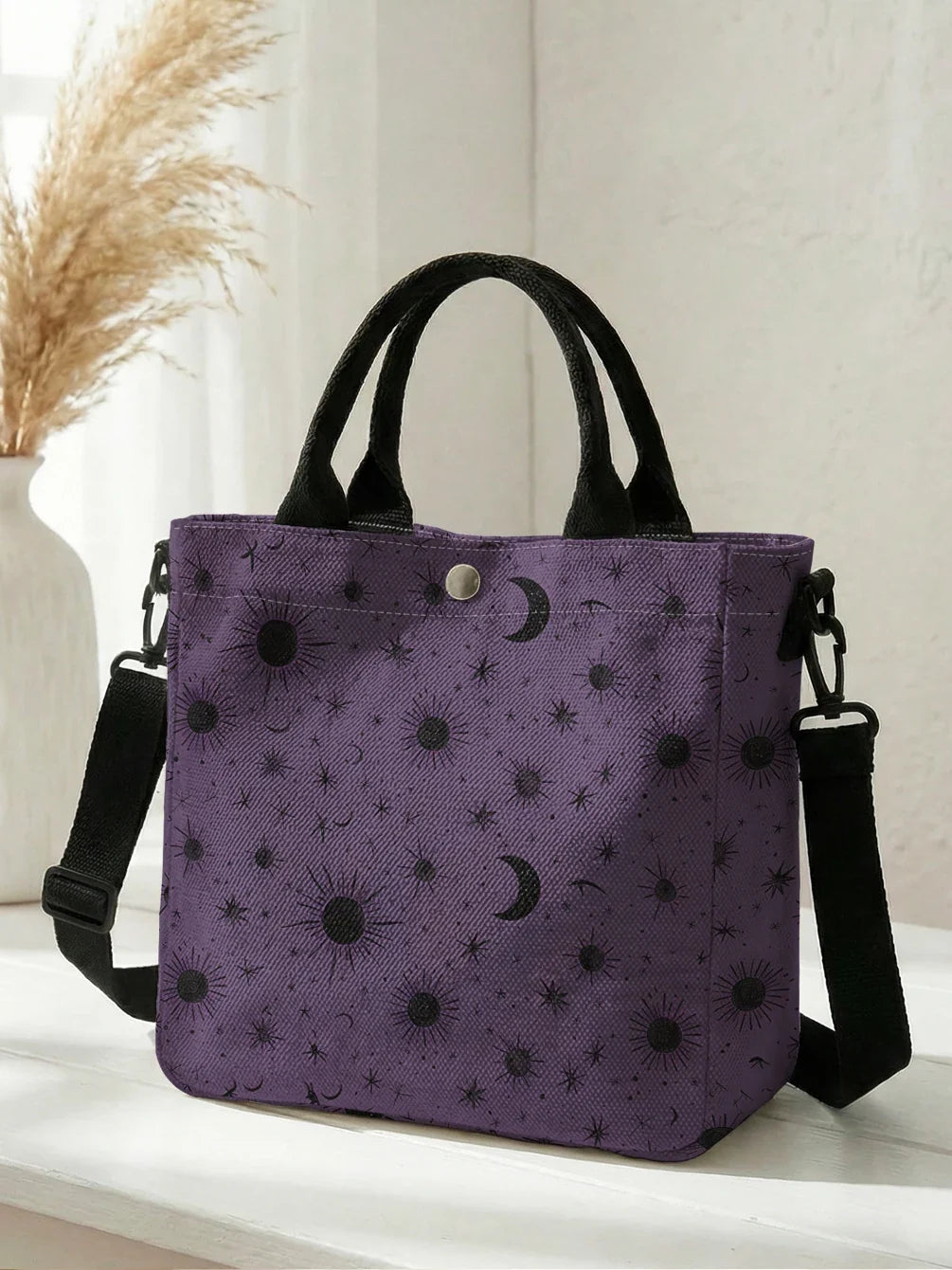 None Purple Sun Moon Star Print Tote Bag With Detachable Strap Crossbody - Versatile Daily Use For Women