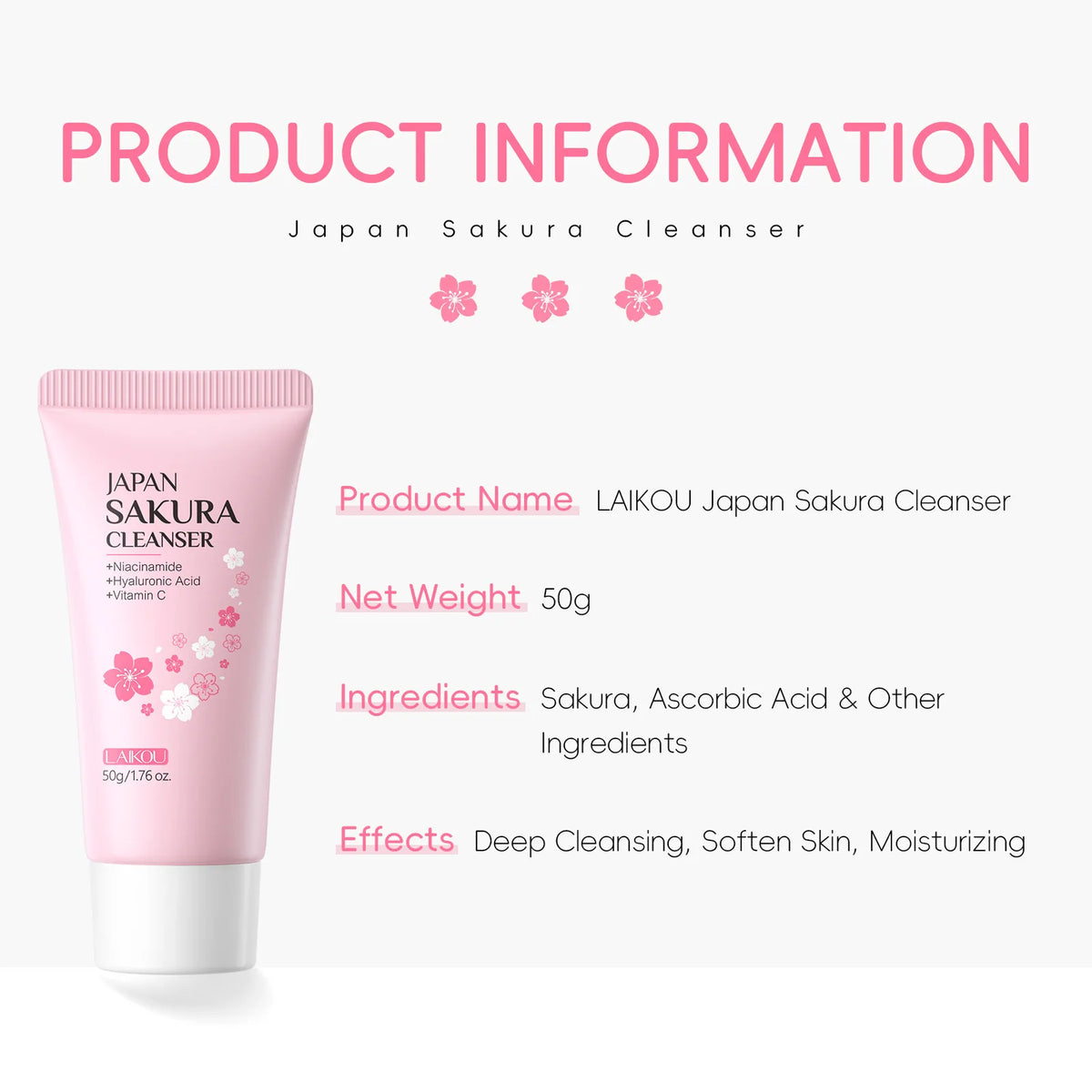 Laikou Sakura Facial Cleanser Deep Cleansing Pores Oil Control Moisturizing Brightening Face Wash Gentle For All Skin Types 50g