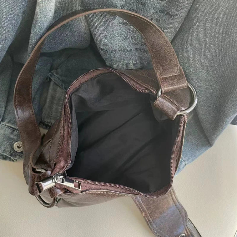 HEONYIRRY Maillard Style Retro Small Bag Spicy Girl Y2K Wasteland Vintage Leather Shoulder Armpit Bag - Zipper Closure