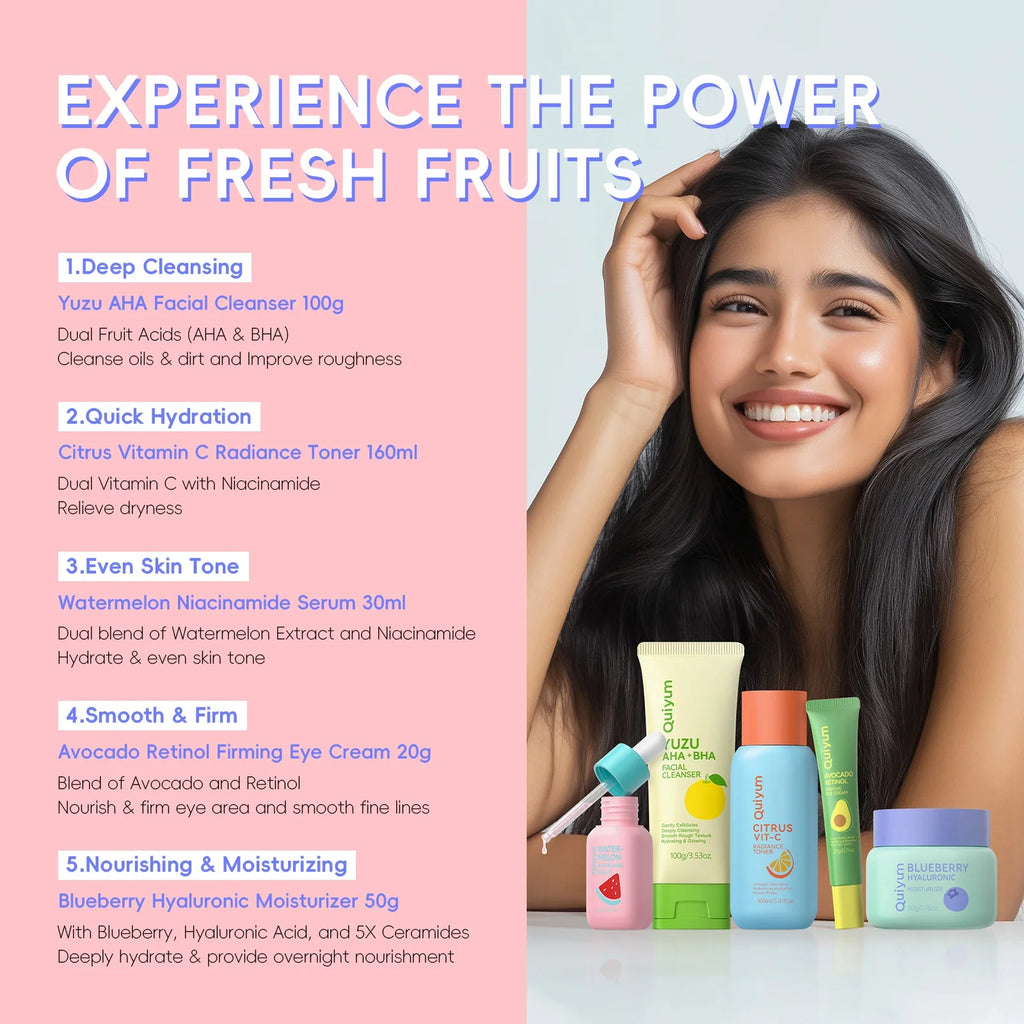 QUIYUM Fruit Fresh Collection 5-Piece Skincare Set Brightening Hydrating Anti-Age Facial Care for Dry Dull Skin