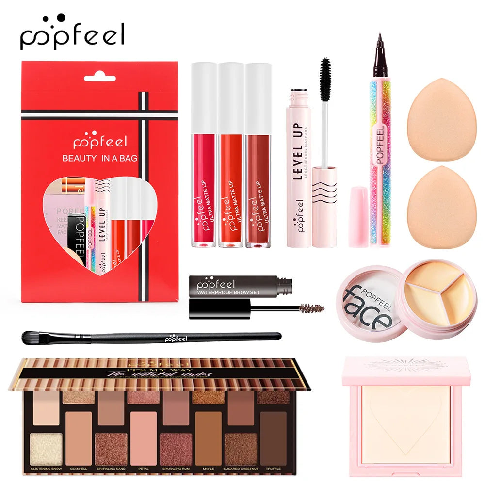 POPFEEL All-in-One Makeup Kit Gift Set with Eyeshadow Palette Foundation Lip Gloss Blush Brushes Eyeliner and More Beauty Gifts