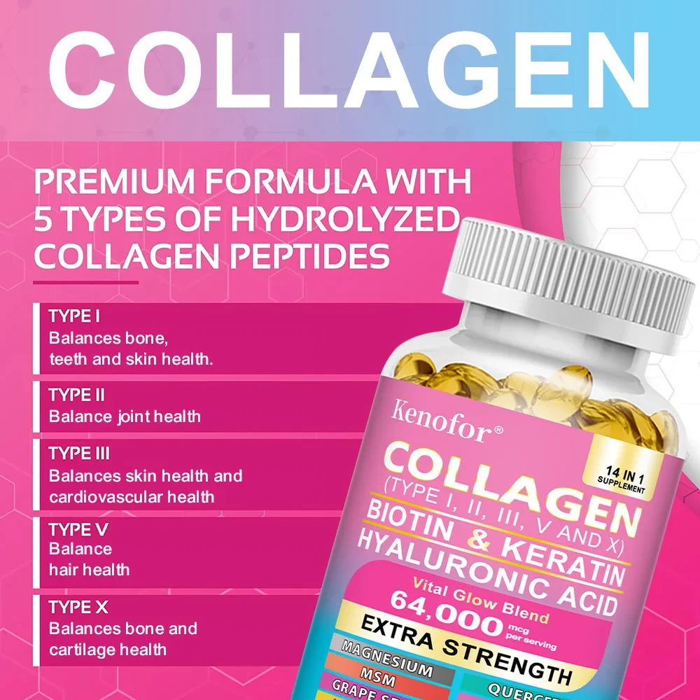 14 IN 1 Collagen Capsules - Biotin & Keratin Skin Care Product Booster Anti Aging Whitening Skin Nail and Hair Care Supplement