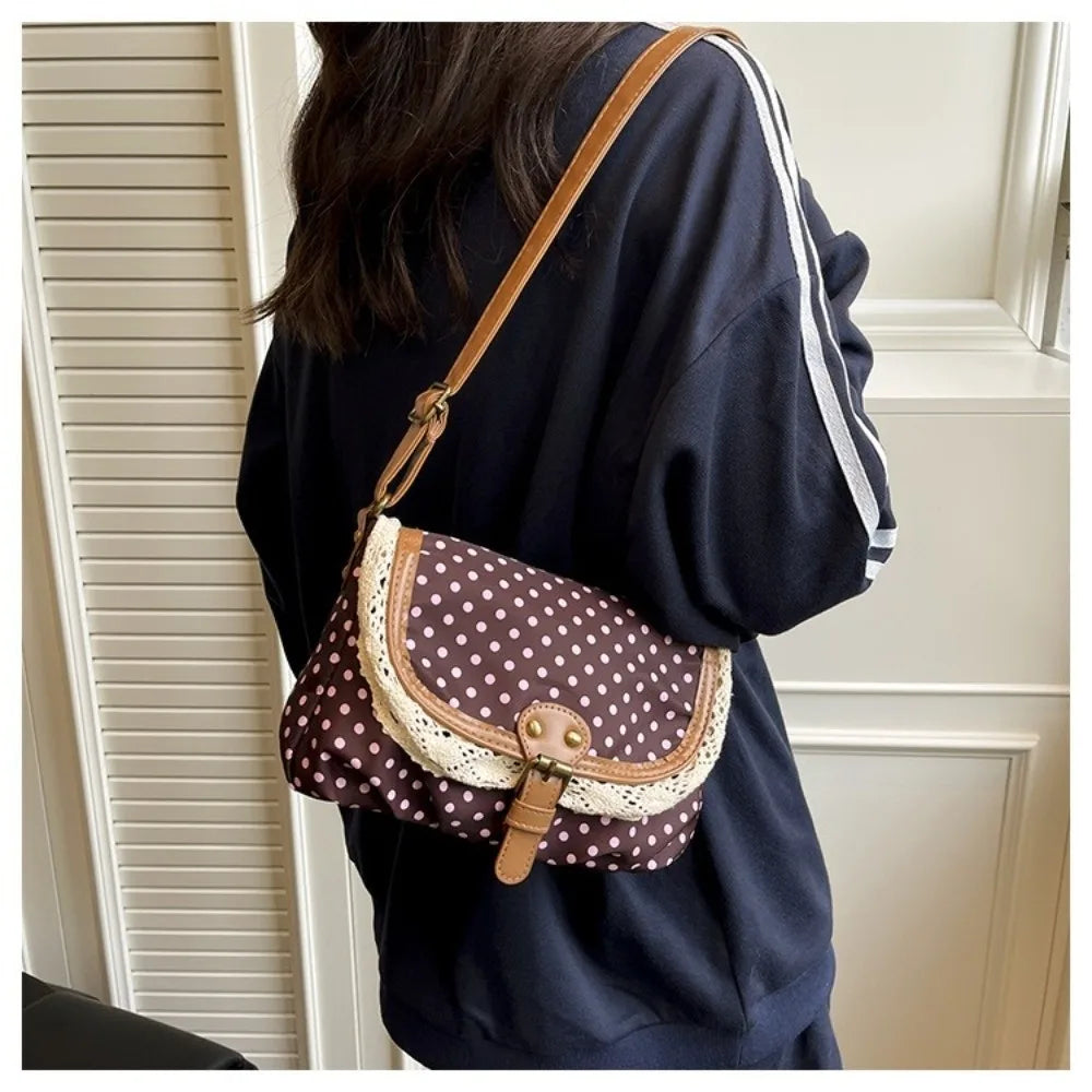 None Polka Dot Canvas Crossbody Bag - With Lace Trim For Women For Daily Casual Commute