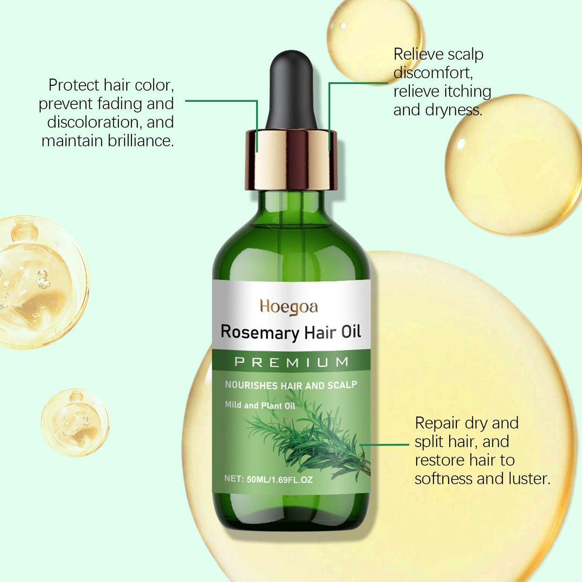 Natural Rosemary Infused Hair Care Oil, Nourishing Scalp & Dry Damaged Hair Treatment Oil, Anti-Frizz Smoothing Hair Serum for Split Ends, Adds Gloss Softness for All Hair Types 50ML