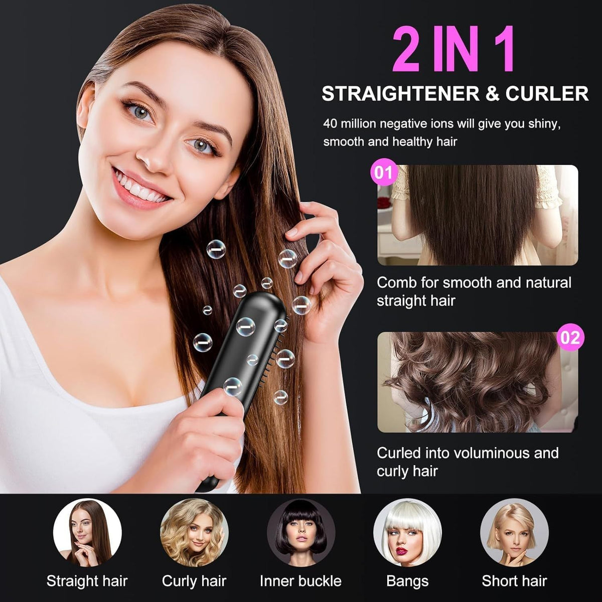 Cordless Hair Straightener Brush - Portable Rechargeable Ceramic Styling Brush with 4 Adjustable Heat Modes & LED Display, Perfect for Travel & Everyday Use (Black)