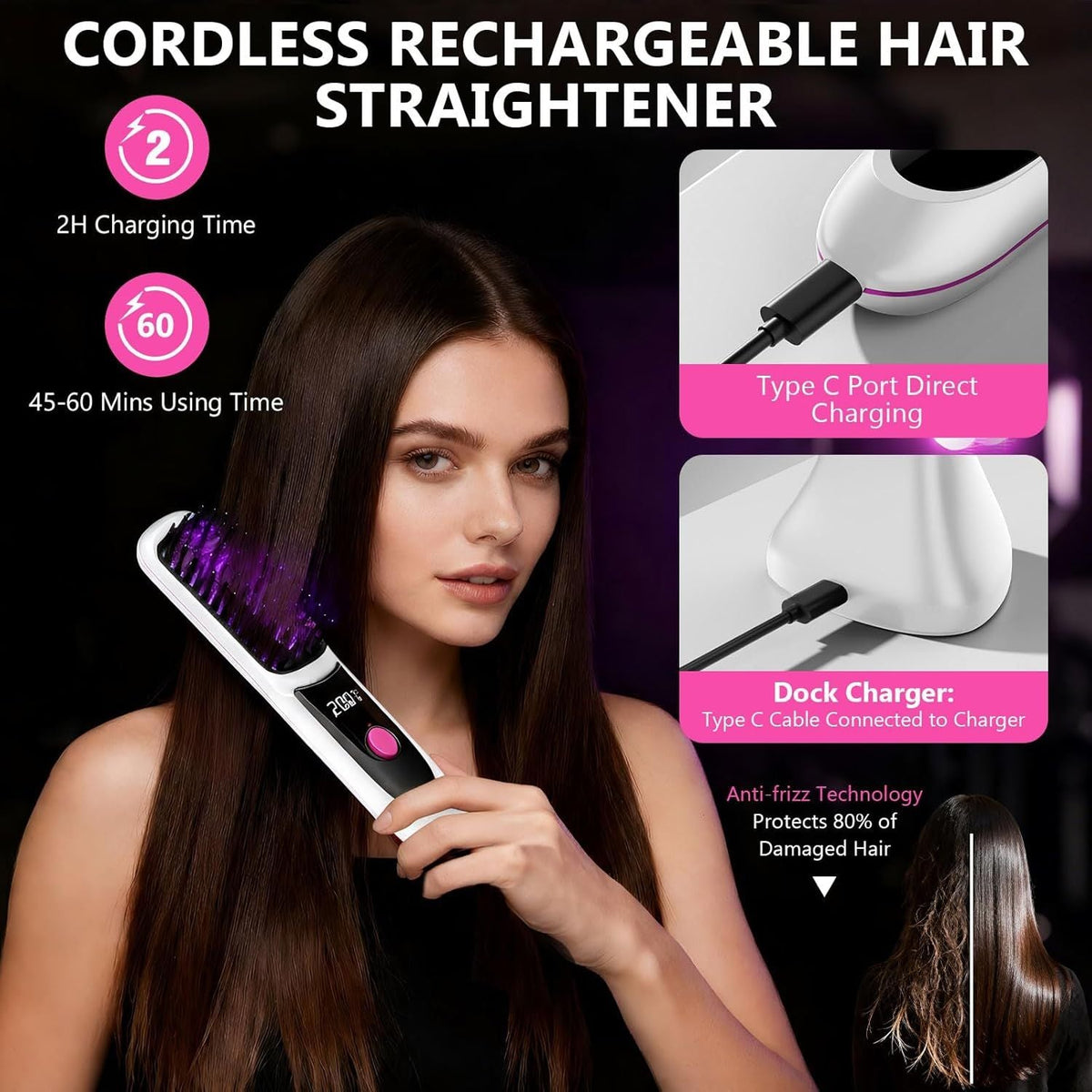 Hair Straightener, Cordless Hair Straightening Brush Portable Cordless Comb with Base Negative Ion Rechargeable Brush for Frizz-Free Shine Straightening, 6400mAh Fast Heating (Black)