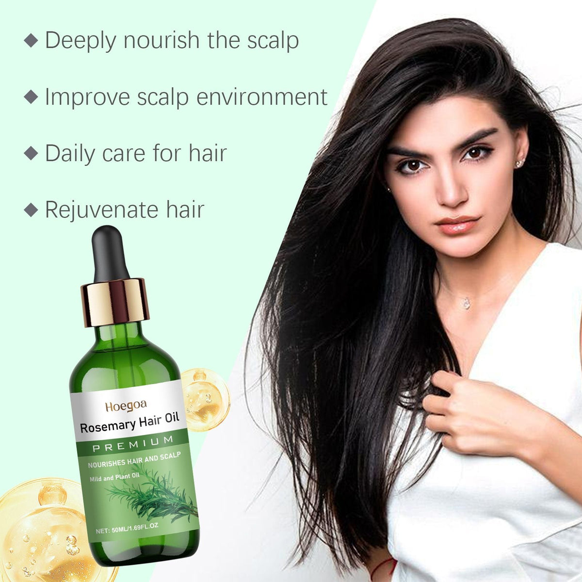 Natural Rosemary Infused Hair Care Oil, Nourishing Scalp & Dry Damaged Hair Treatment Oil, Anti-Frizz Smoothing Hair Serum for Split Ends, Adds Gloss Softness for All Hair Types 50ML