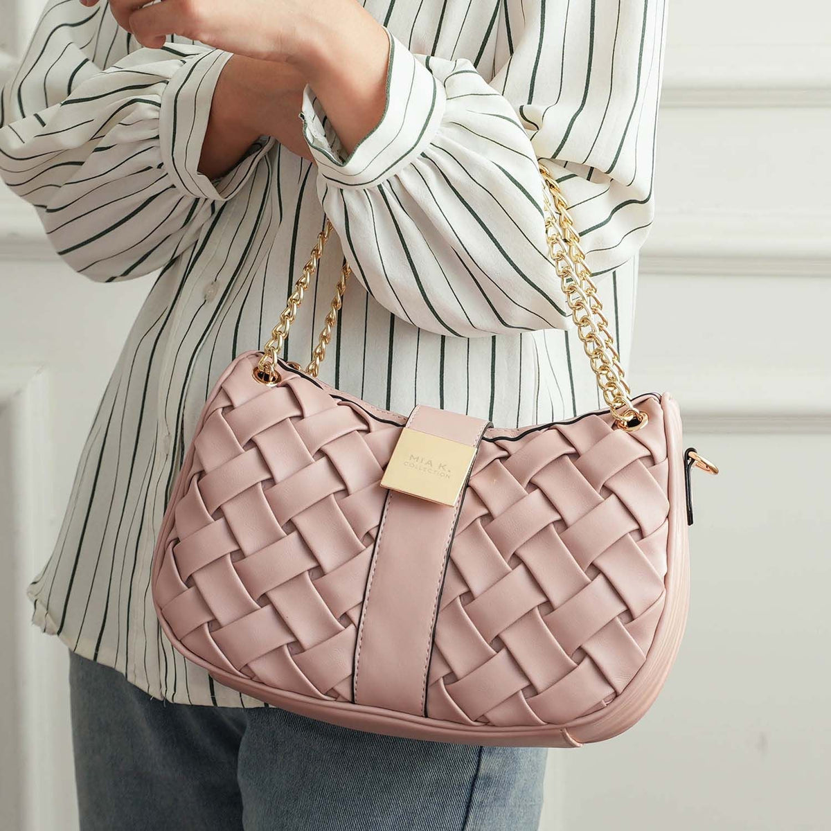 MKF Collection Solari Braided Chain Shoulder Bag. Stylish Handbag with Gold Tone Accents by Mia K.