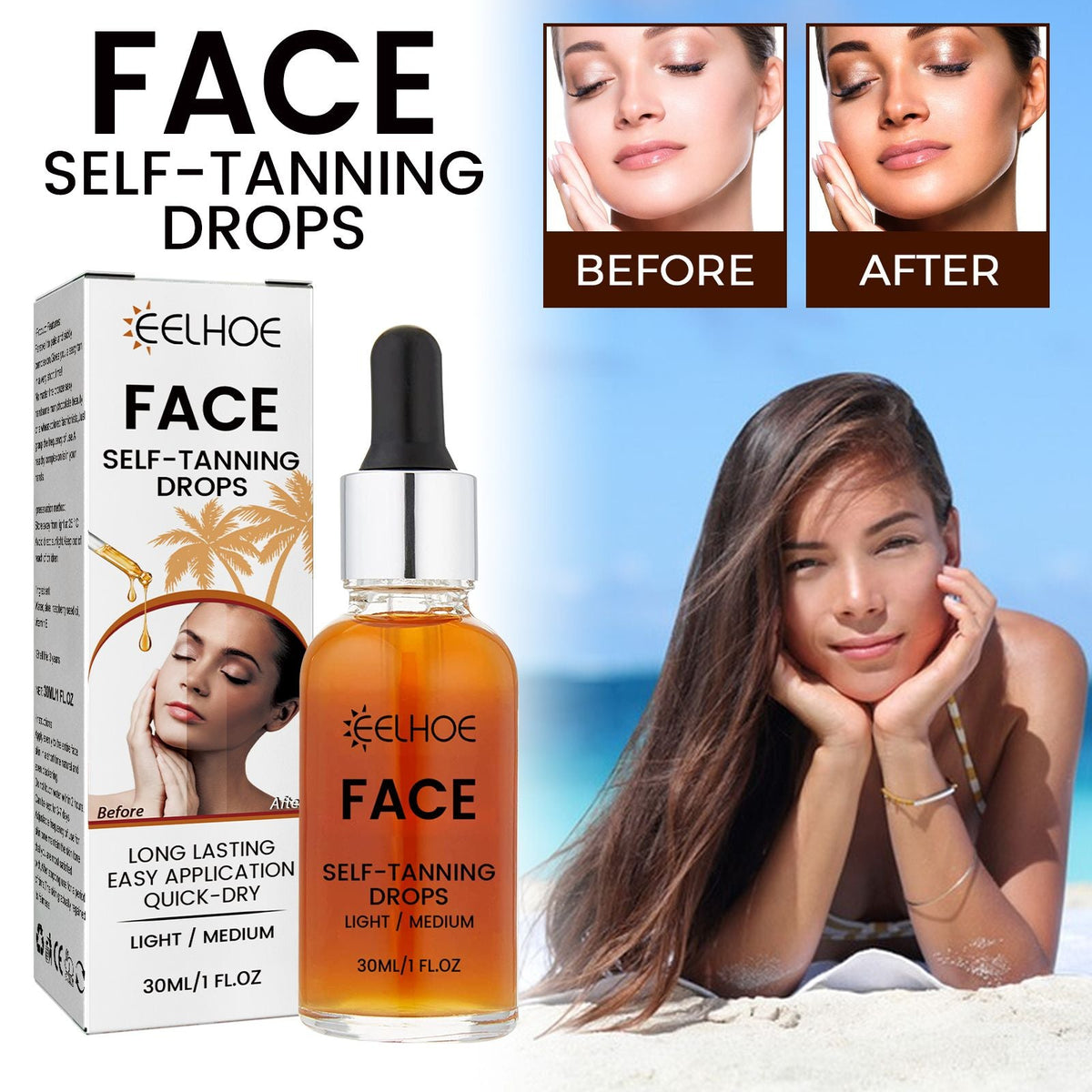 EELHOE Face Self-Tanning Drops, Natural Fashion Wheat Bronzer Moisturizing Skin Anti-Sunburn Solution
