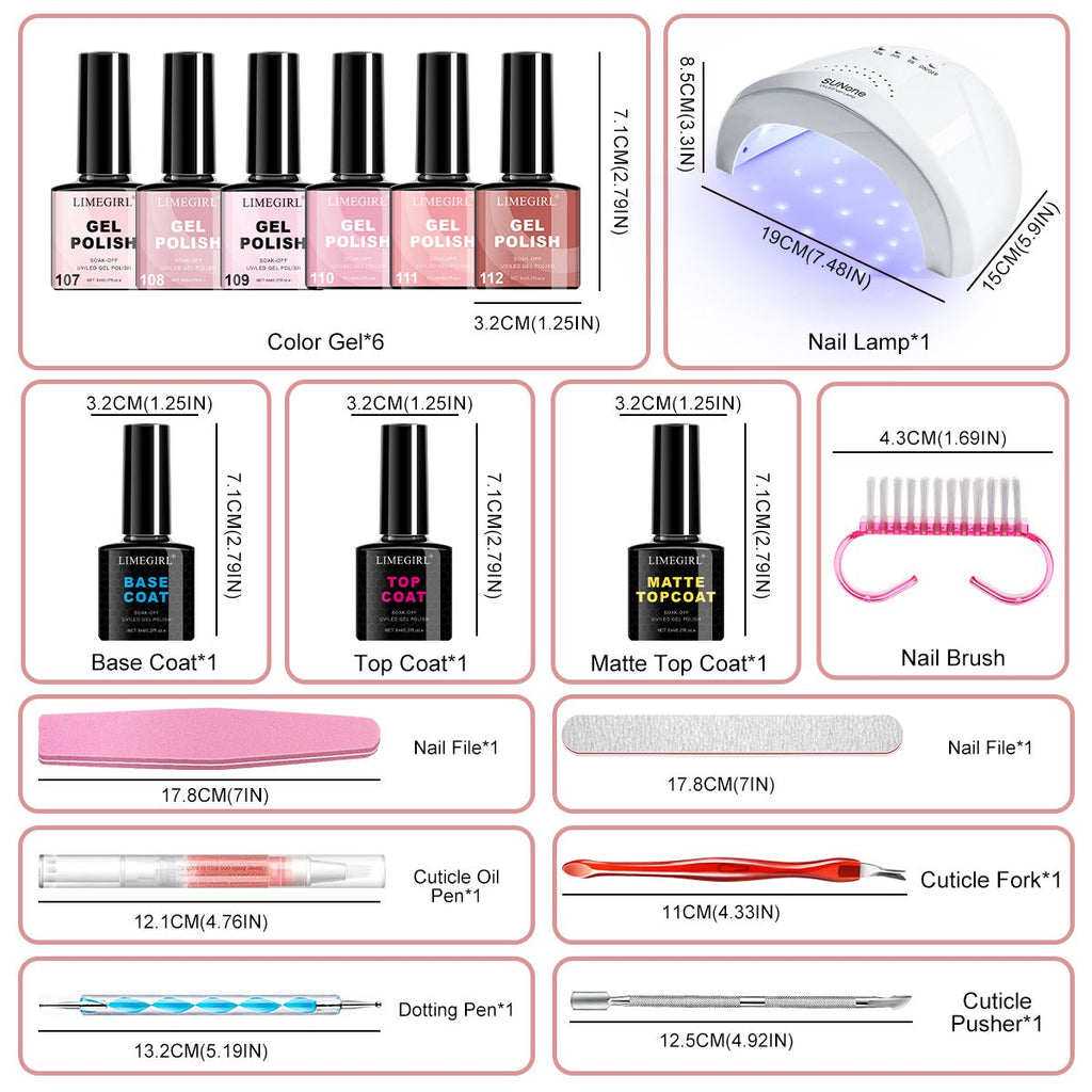 LIMEGIRL Gel Nail Polish Set 6 Color Set with UV Nail Light and Nail Tools, Soaking Nail Set, for Beginners DIY Nail Set