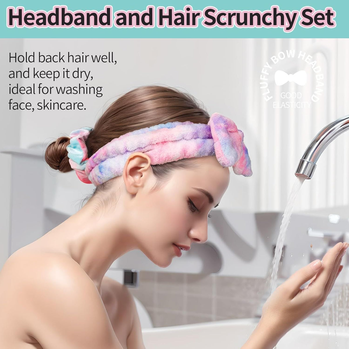 Spa Headband, 6pcs Makeup Headbands and Hair Scrunchies, Bow Skin Care Headband for Washing Face for Teen Girls Women, Easter Basket Valentines Gifts for Girls, Black & White & Gray