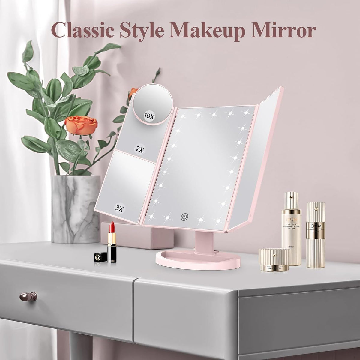 Makeup Mirror, Vanity Mirror with Lights, 2X/3X/10X Magnification, Touch Control, Trifold, Dual Power Supply, Gifts Mothers Day for Mom,Gifts for Women, Wife, Girls,Dorm Room Essentials