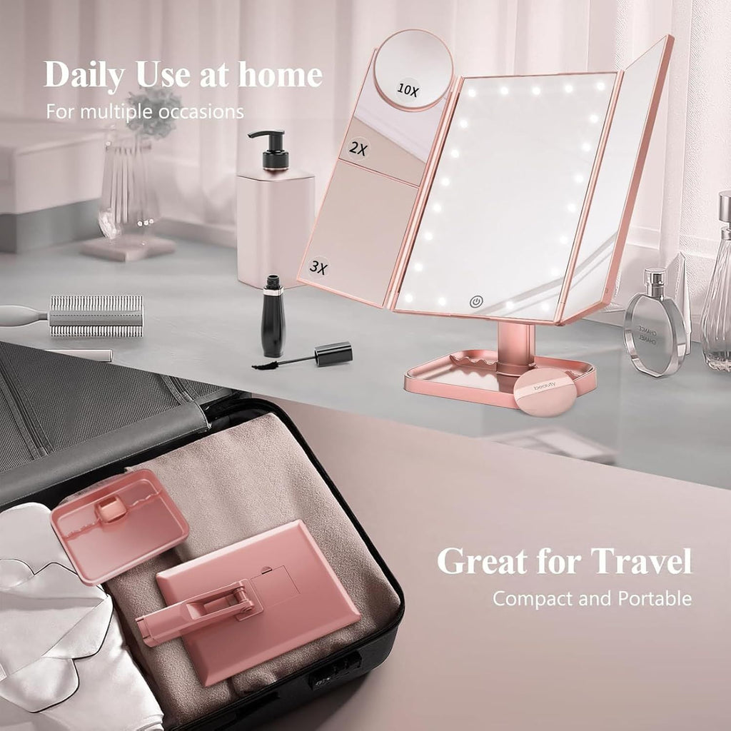 Makeup Mirror, Vanity Mirror with Lights, 2X/3X/10X Magnification, Touch Control, Trifold, Dual Power Supply, Gifts Mothers Day for Mom,Gifts for Women, Wife, Girls,Dorm Room Essentials
