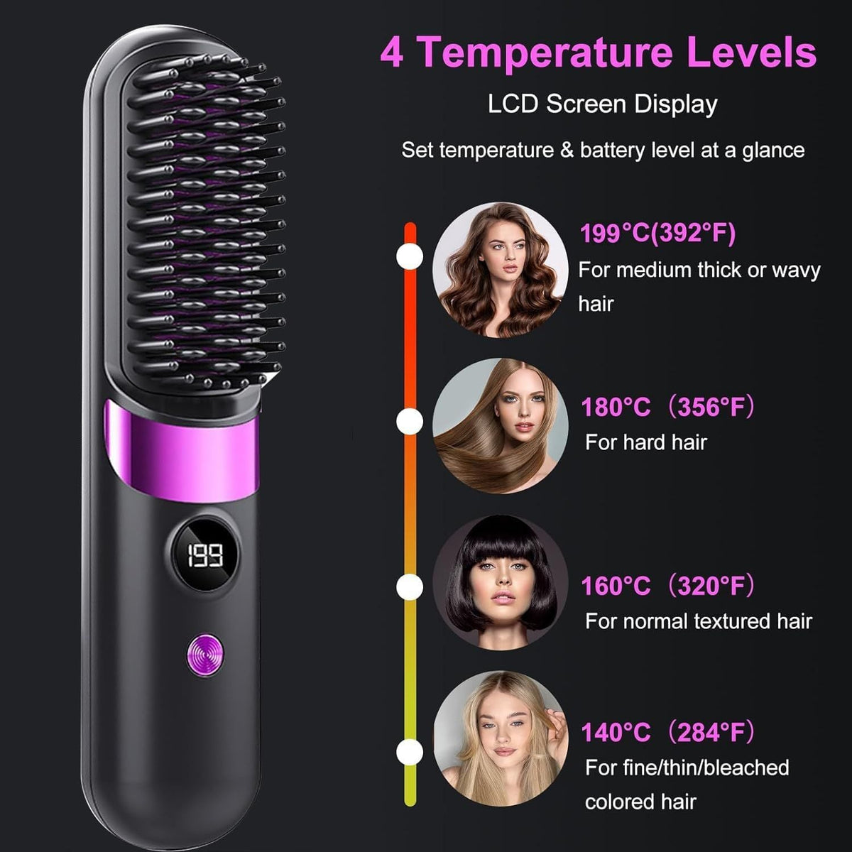 Cordless Hair Straightener Brush - Portable Rechargeable Ceramic Styling Brush with 4 Adjustable Heat Modes & LED Display, Perfect for Travel & Everyday Use (Black)