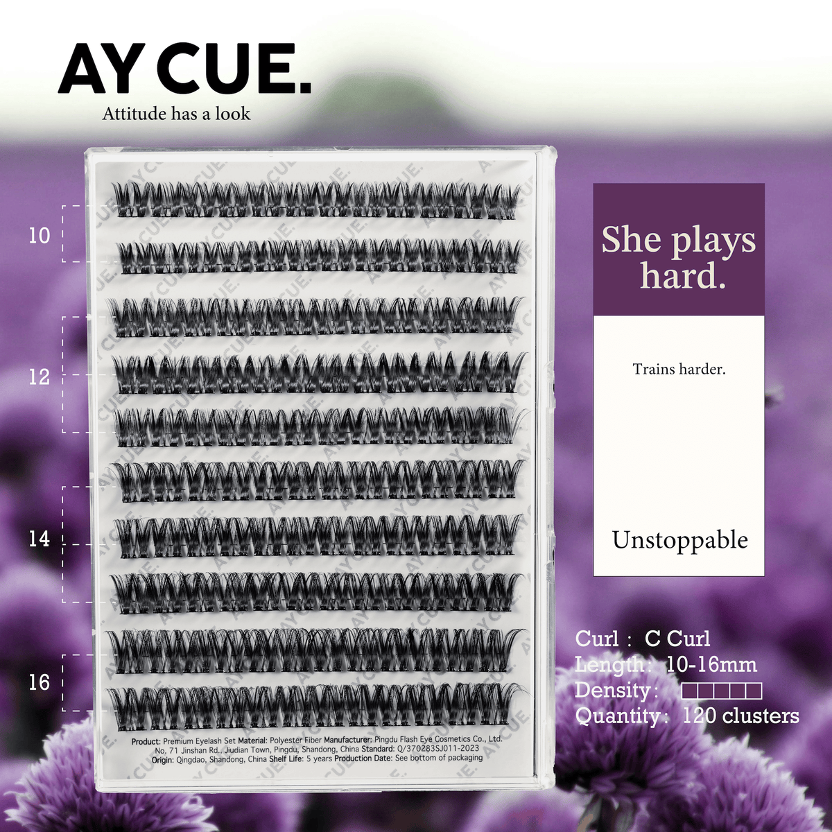 AYCUE #SHE PLAYS HARD# Self-adhesive Lash Clusters C Curl 10-16mm 120 Clusters Glue-free Eyelashes Extensions for Natural Look Easy Application