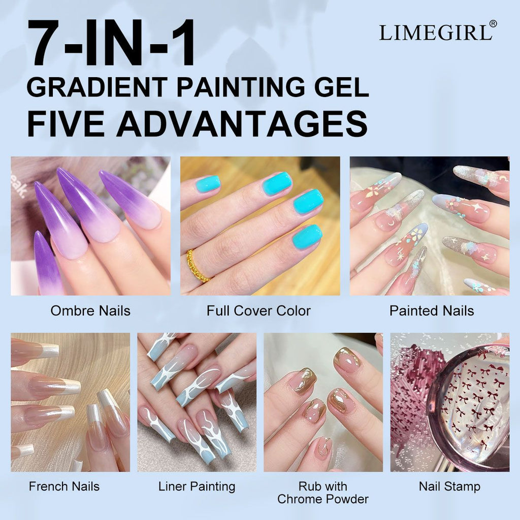 Limegirl Gradient Painting Gel, 9 Bright Colors Ombre GelNail Polish for Pigment Pat Nails Nails French ManicureSoak Off UV Set