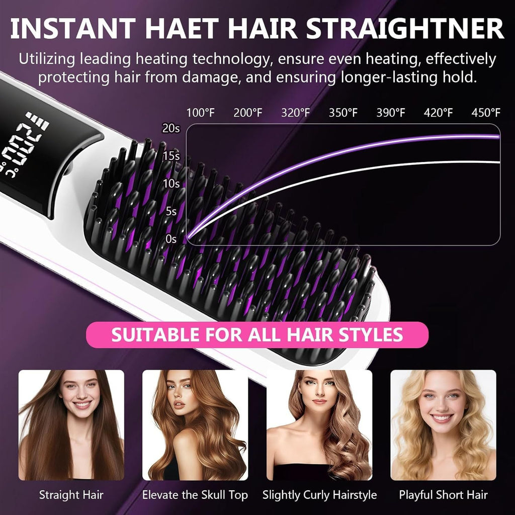 Hair Straightener, Cordless Hair Straightening Brush Portable Cordless Comb with Base Negative Ion Rechargeable Brush for Frizz-Free Shine Straightening, 6400mAh Fast Heating (Black)
