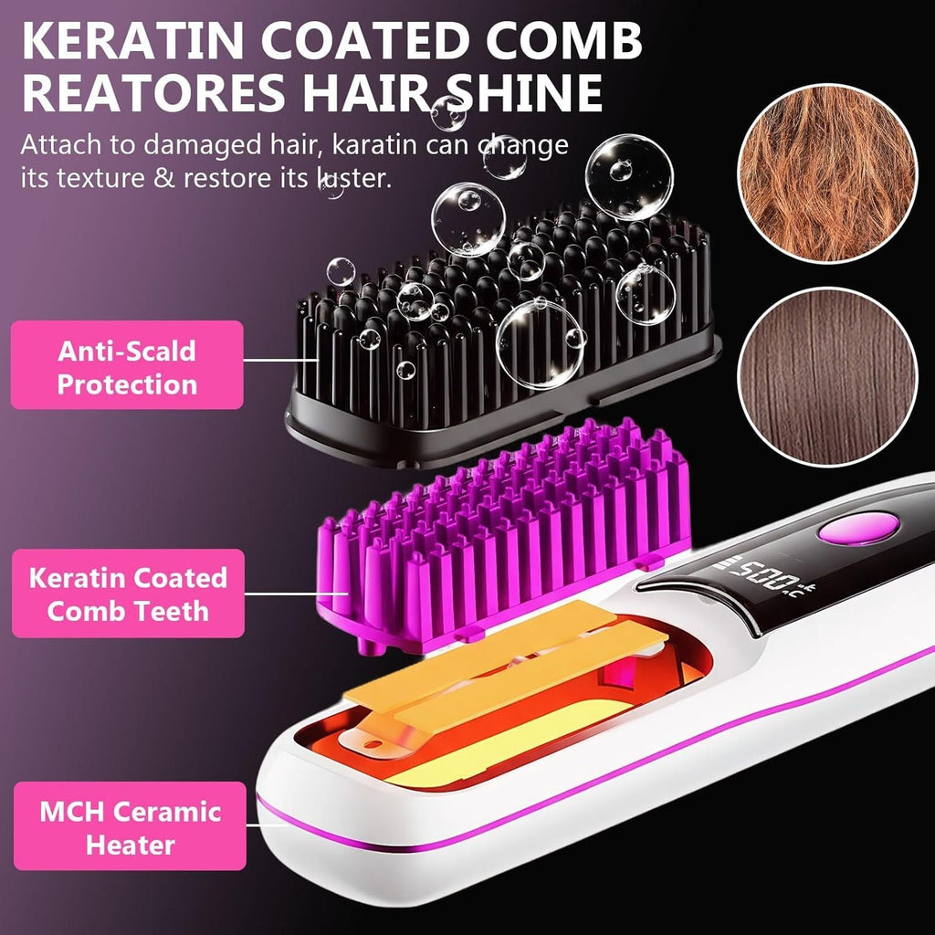 Hair Straightener, Cordless Hair Straightening Brush Portable Cordless Comb with Base Negative Ion Rechargeable Brush for Frizz-Free Shine Straightening, 6400mAh Fast Heating (Black)