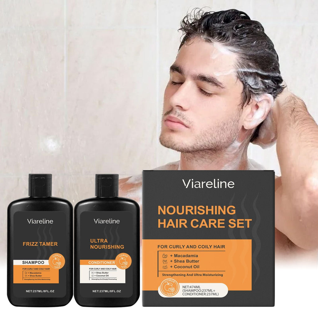 Men Curly Coily Hair Shampoo & Conditioner Set, Frizz Tamer Ultra Nourishing Hair Care Kit with Macadamia Shea Butter Coconut Oil, Deep Moisturizing Strengthen Dry Frizzy Wavy Hair, 237ml*2 Citrus Sce