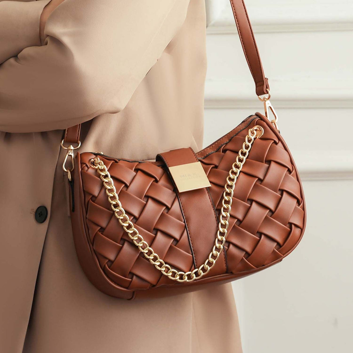 MKF Collection Solari Braided Chain Shoulder Bag. Stylish Handbag with Gold Tone Accents by Mia K.