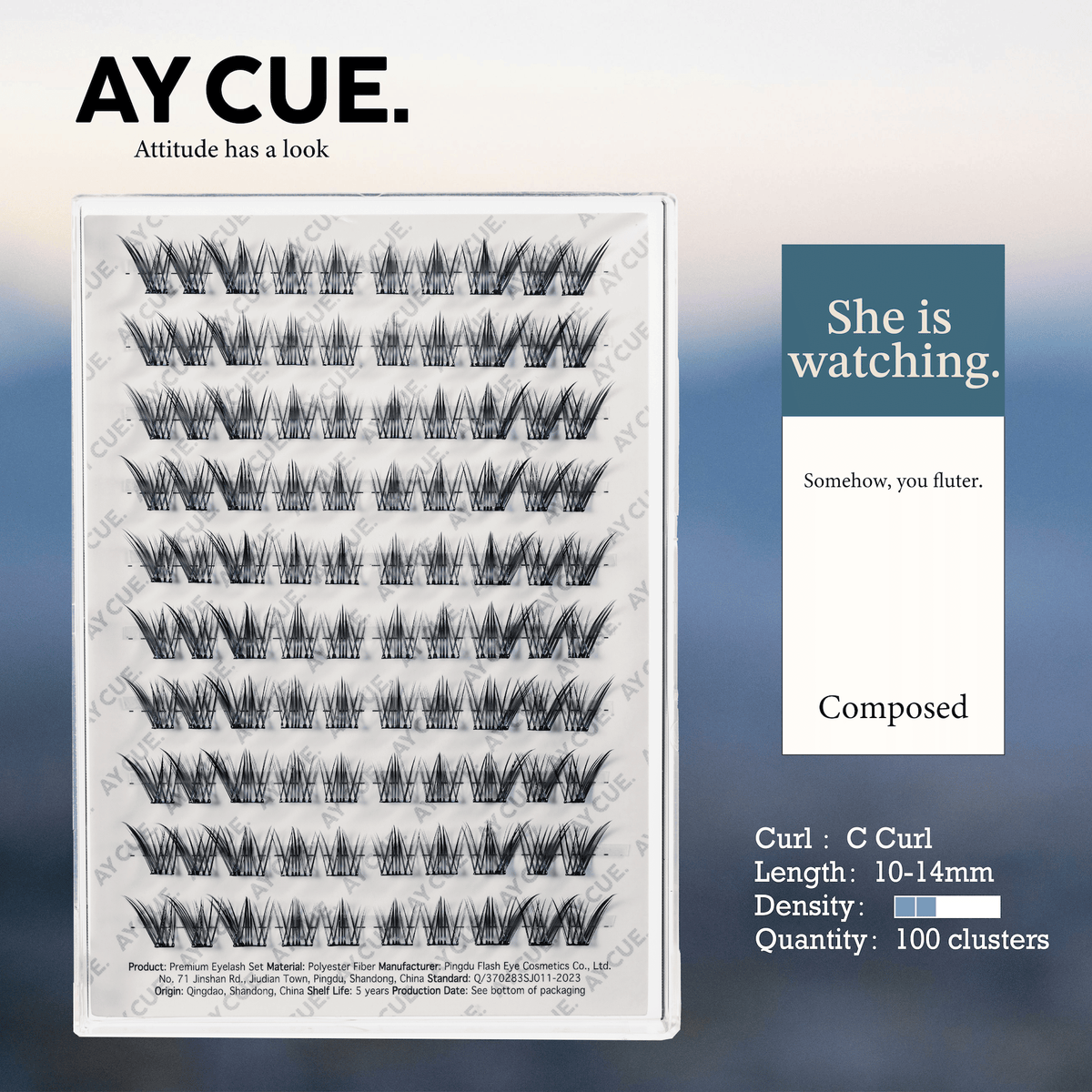 AYCUE #SHE IS WATCHING# Self-adhesive Lash Clusters C Curl 10-14mm 100 Clusters Glue-free Eyelashes Extensions for Natural Look Easy Application