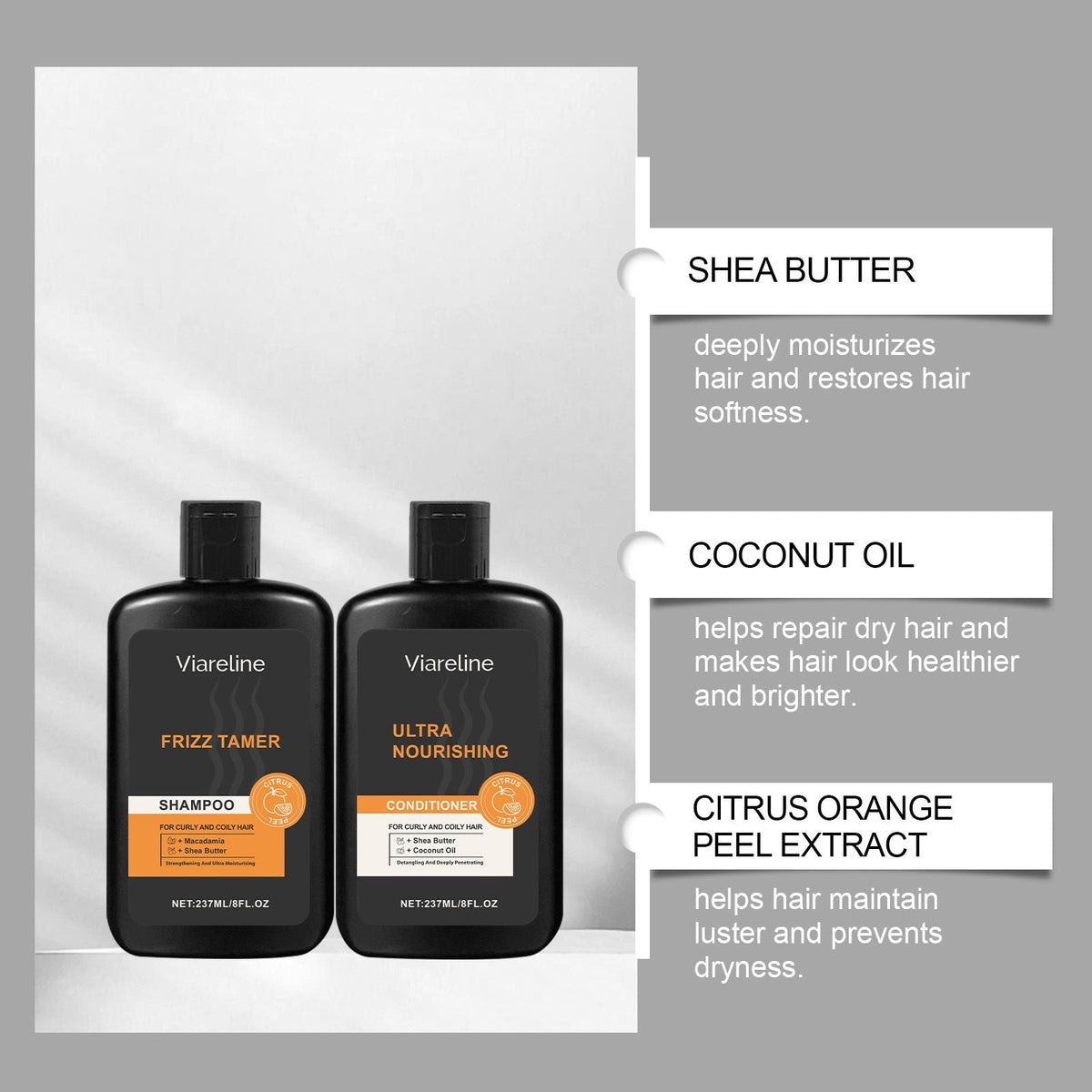 Men Curly Coily Hair Shampoo & Conditioner Set, Frizz Tamer Ultra Nourishing Hair Care Kit with Macadamia Shea Butter Coconut Oil, Deep Moisturizing Strengthen Dry Frizzy Wavy Hair, 237ml*2 Citrus Sce