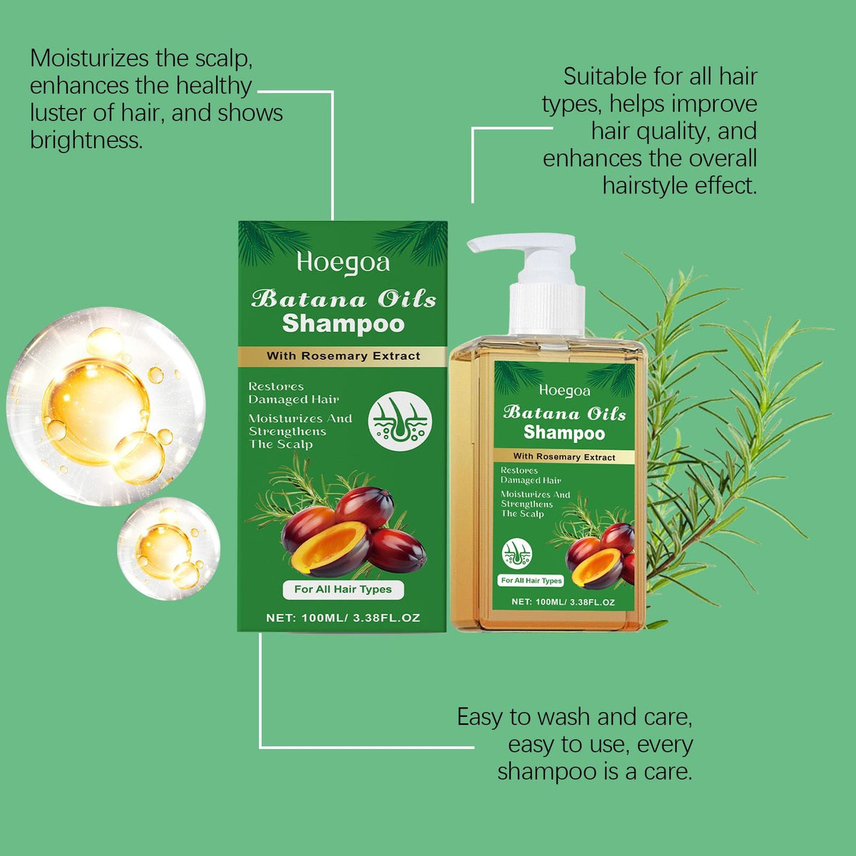 Batana Oil & Rosemary Extract Hair Shampoo, Moisturizing Scalp Care Cleansing Shampoo for Dry Damaged Hair, Strengthening Scalp & Softening Frizzy Hair Wash for All Hair Types Daily Household Hair Car
