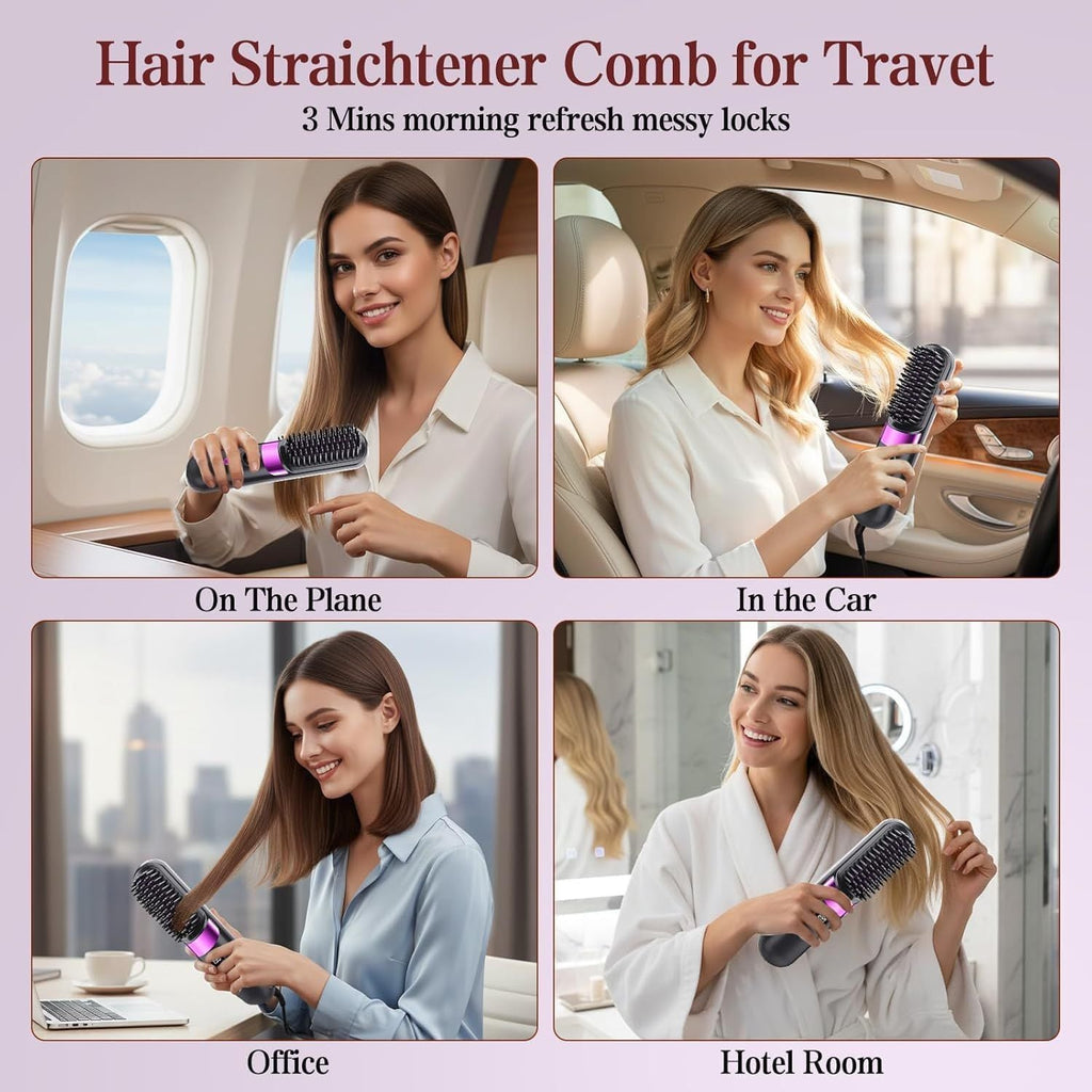 Cordless Hair Straightener Brush - Portable Rechargeable Ceramic Styling Brush with 4 Adjustable Heat Modes & LED Display, Perfect for Travel & Everyday Use (Black)