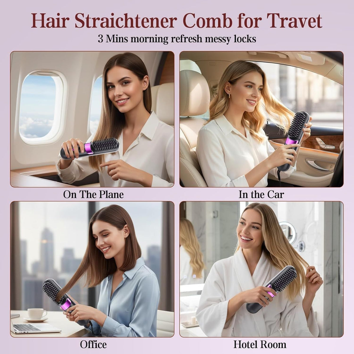 Cordless Hair Straightener Brush - Portable Rechargeable Ceramic Styling Brush with 4 Adjustable Heat Modes & LED Display, Perfect for Travel & Everyday Use (Black)