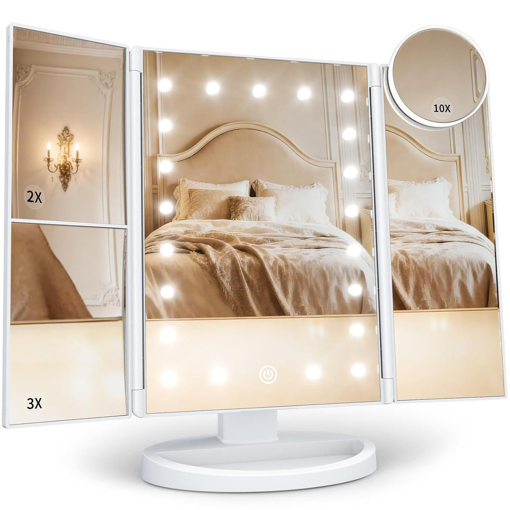 Makeup Mirror, Vanity Mirror with Lights, 2X/3X/10X Magnification, Touch Control, Trifold, Dual Power Supply, Gifts Mothers Day for Mom,Gifts for Women, Wife, Girls,Dorm Room Essentials