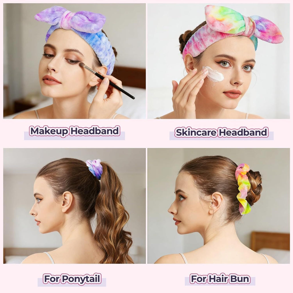 Spa Headband, 6pcs Makeup Headbands and Hair Scrunchies, Bow Skin Care Headband for Washing Face for Teen Girls Women, Easter Basket Valentines Gifts for Girls, Black & White & Gray