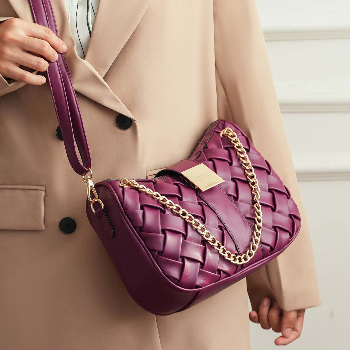 MKF Collection Solari Braided Chain Shoulder Bag. Stylish Handbag with Gold Tone Accents by Mia K.
