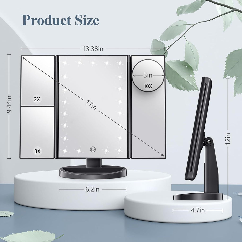 Makeup Mirror, Vanity Mirror with Lights, 2X/3X/10X Magnification, Touch Control, Trifold, Dual Power Supply, Gifts Mothers Day for Mom,Gifts for Women, Wife, Girls,Dorm Room Essentials
