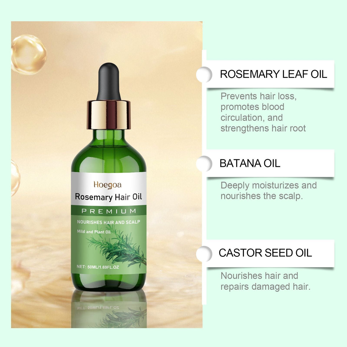 Natural Rosemary Infused Hair Care Oil, Nourishing Scalp & Dry Damaged Hair Treatment Oil, Anti-Frizz Smoothing Hair Serum for Split Ends, Adds Gloss Softness for All Hair Types 50ML