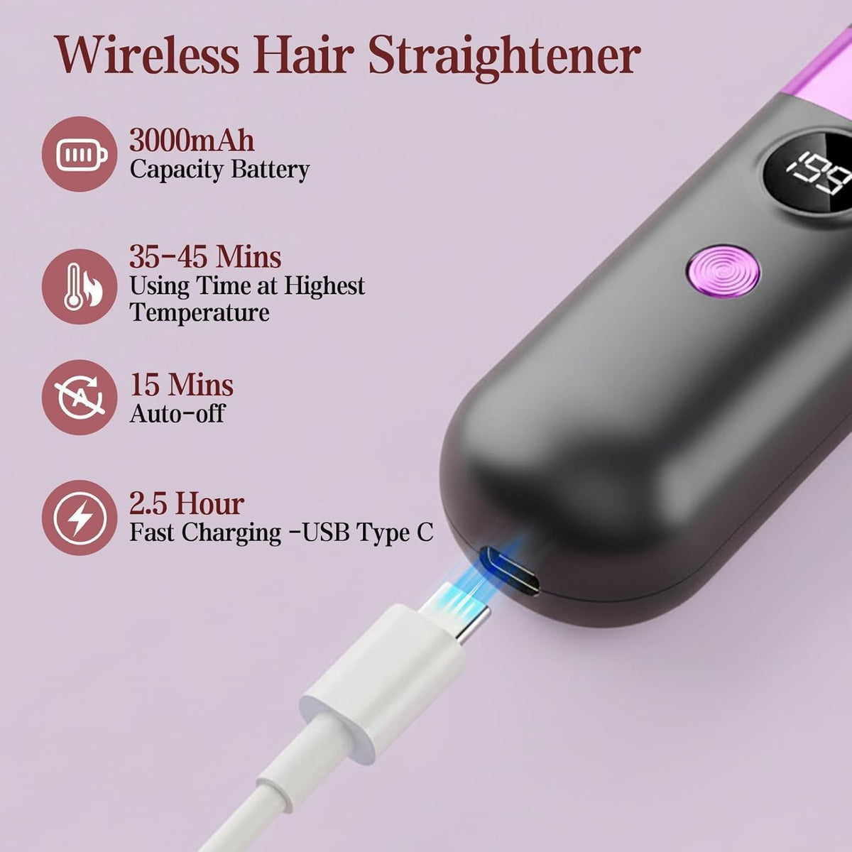 Cordless Hair Straightener Brush - Portable Rechargeable Ceramic Styling Brush with 4 Adjustable Heat Modes & LED Display, Perfect for Travel & Everyday Use (Black)