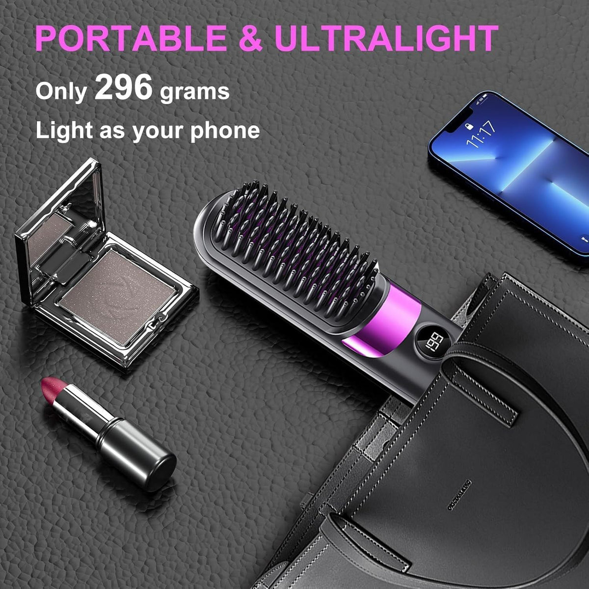 Cordless Hair Straightener Brush - Portable Rechargeable Ceramic Styling Brush with 4 Adjustable Heat Modes & LED Display, Perfect for Travel & Everyday Use (Black)