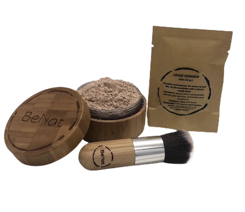 Premium BeNat Translucent Loose Setting Powder Kit with Eco-Friendly Bamboo Case, Ultra-Fine Matte Finish Finishing Powder, Includes 0.4oz Refill and Kabuki Brush, Cruelty-Free and Vegan Face Makeup