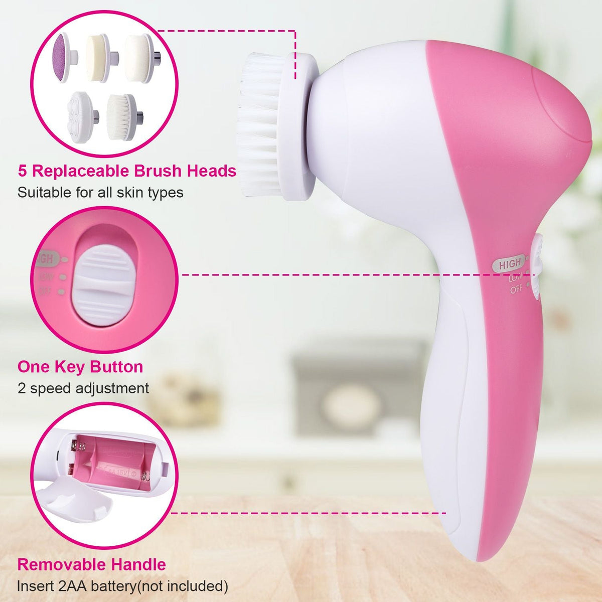 Waterproof Facial Cleansing Brush Face Spin Cleaning Brush Scrubber with 5 Brush Heads for Women