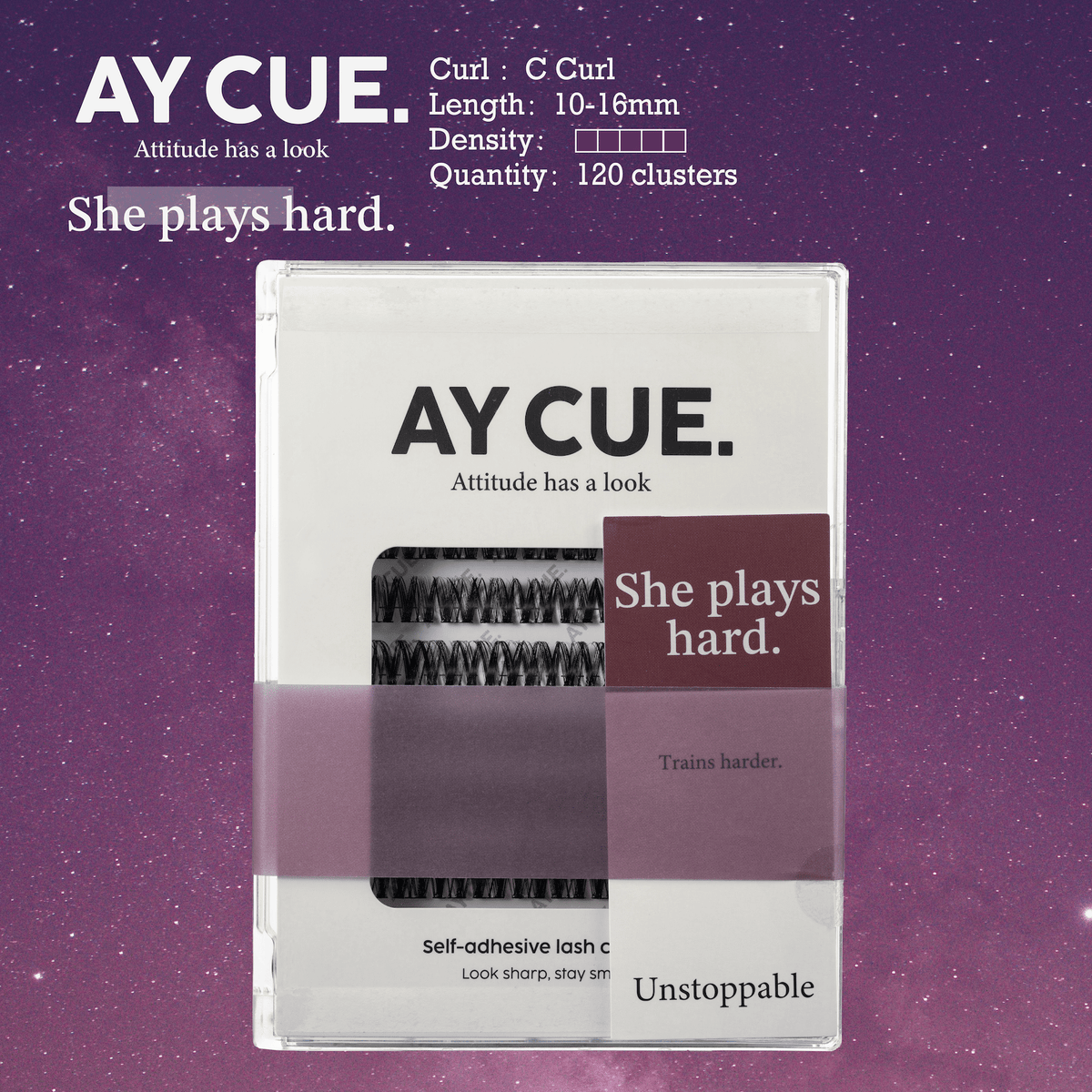 AYCUE #SHE PLAYS HARD# Self-adhesive Lash Clusters C Curl 10-16mm 120 Clusters Glue-free Eyelashes Extensions for Natural Look Easy Application