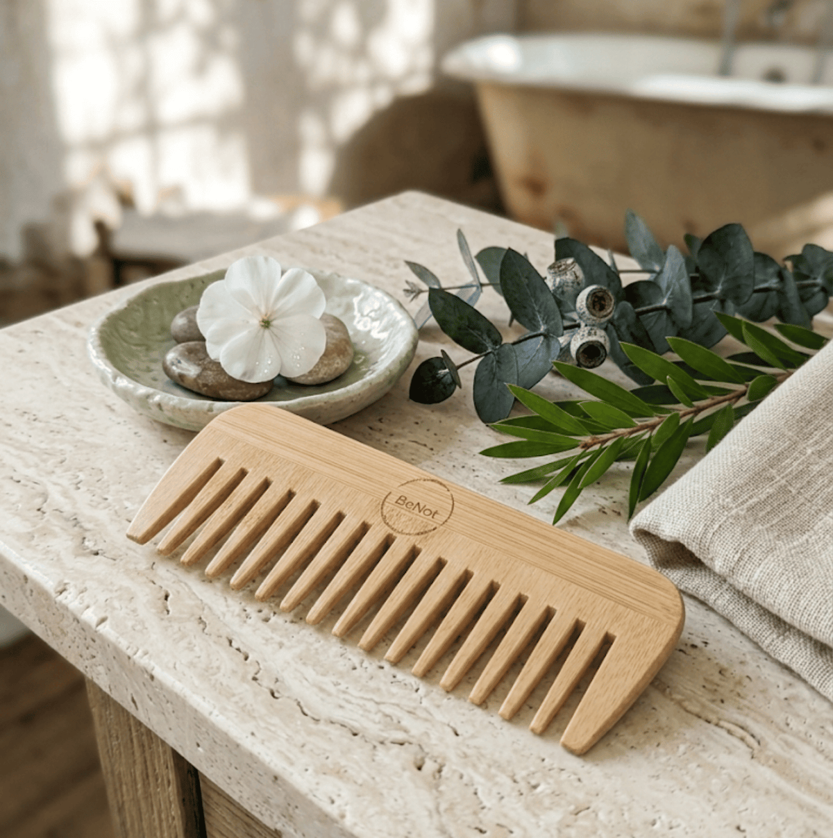 Handcrafted Bamboo Comb - All Natural Wooden Hair & Beard Detangler Styling Accessory for Men and Women, Promotes Healthy Hair Growth & Scalp Health, Eco-Friendly, Biodegradable & Zero-Waste Gift