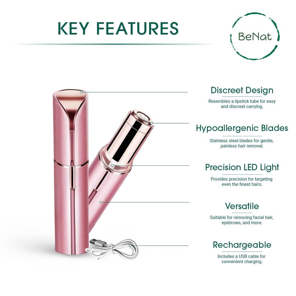 Facial Hair Remover for Women - Painless Portable Lipstick Shaver with LED Light & Stainless Steel Blades, Rechargeable USB Epilator for Lip, Chin, Cheek & Peach Fuzz