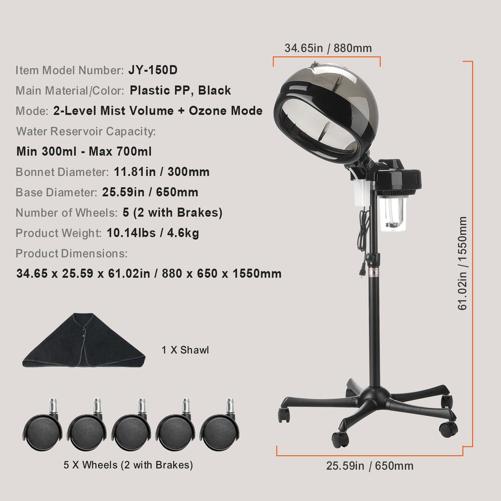 Professional Hair Steamer for Deep Conditioning, 11.81-inch Hooded Ionic Hair Steamer with 2 Modes, Height-Adjustable Standing Hair Steamer with Timer, 5 Wheels (2 Lockable) for Salon Home Spa