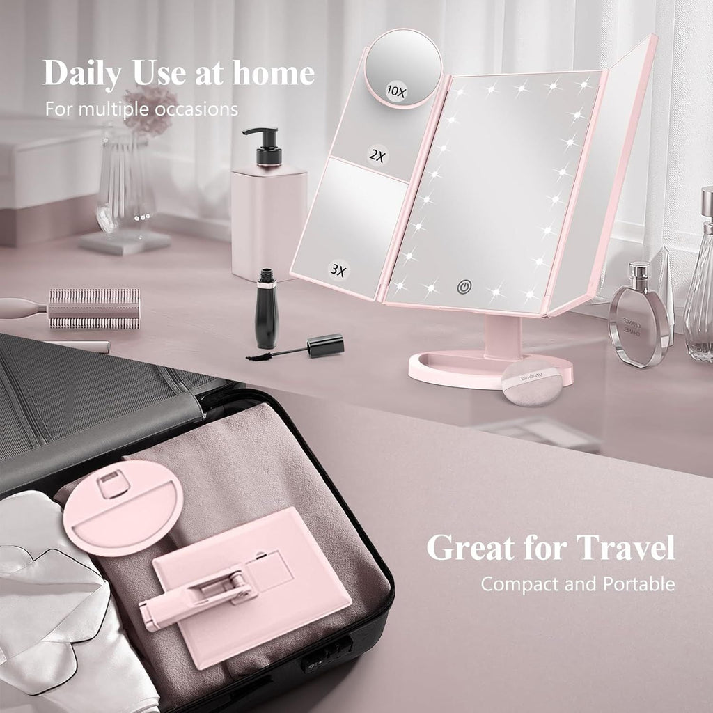 Makeup Mirror, Vanity Mirror with Lights, 2X/3X/10X Magnification, Touch Control, Trifold, Dual Power Supply, Gifts Mothers Day for Mom,Gifts for Women, Wife, Girls,Dorm Room Essentials