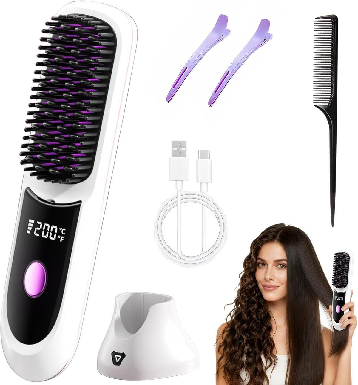 Hair Straightener, Cordless Hair Straightening Brush Portable Cordless Comb with Base Negative Ion Rechargeable Brush for Frizz-Free Shine Straightening, 6400mAh Fast Heating (Black)