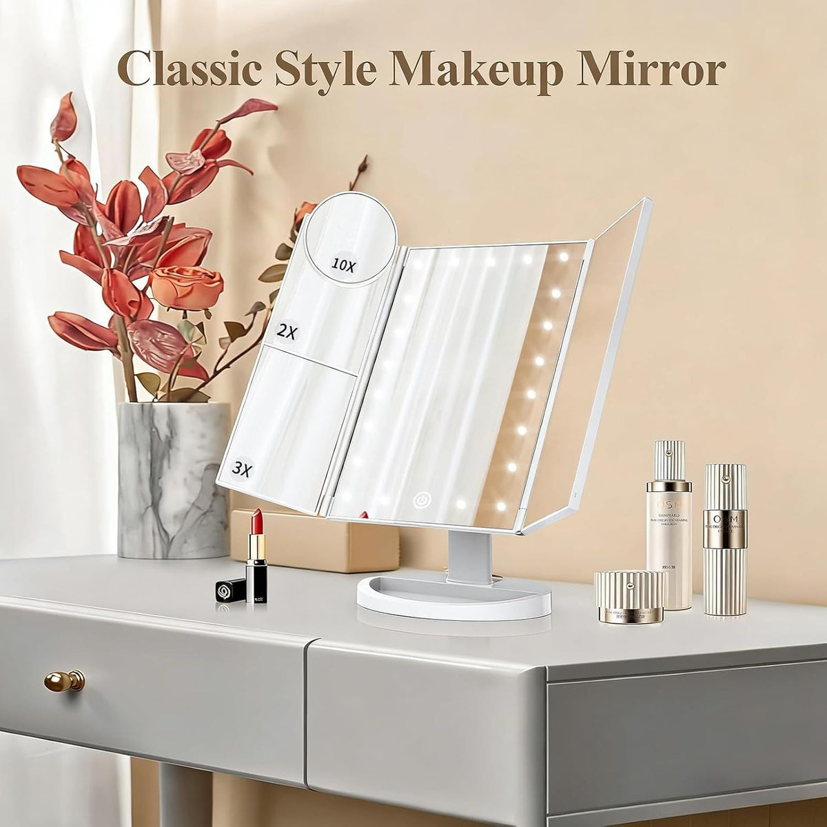 Makeup Mirror, Vanity Mirror with Lights, 2X/3X/10X Magnification, Touch Control, Trifold, Dual Power Supply, Gifts Mothers Day for Mom,Gifts for Women, Wife, Girls,Dorm Room Essentials