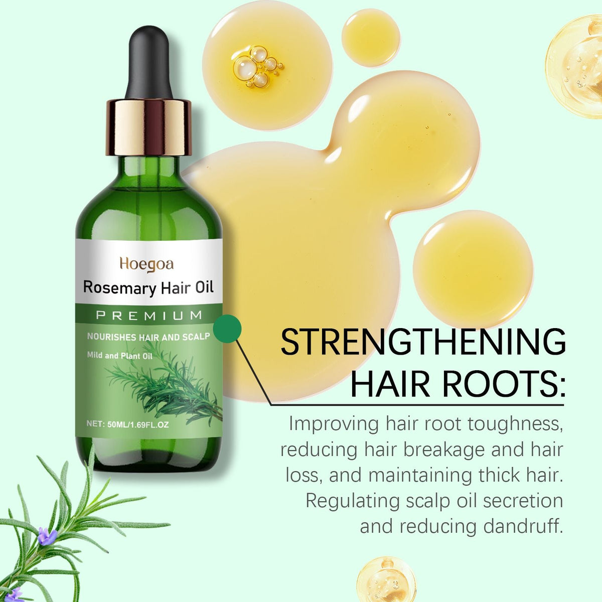Natural Rosemary Infused Hair Care Oil, Nourishing Scalp & Dry Damaged Hair Treatment Oil, Anti-Frizz Smoothing Hair Serum for Split Ends, Adds Gloss Softness for All Hair Types 50ML